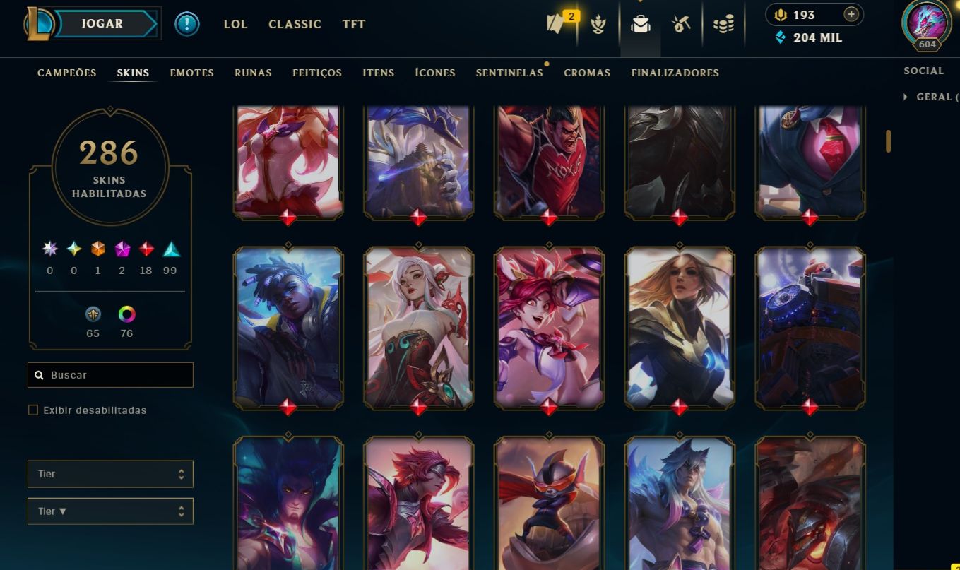 Conta Platina lv 600, todos os campeões, 286 skins.