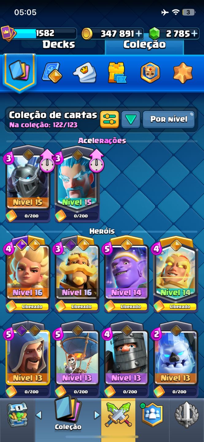 13K | 122/123 CARTAS | 2.785 GEMAS | 347K OURO | 9 CURINGAS EVO