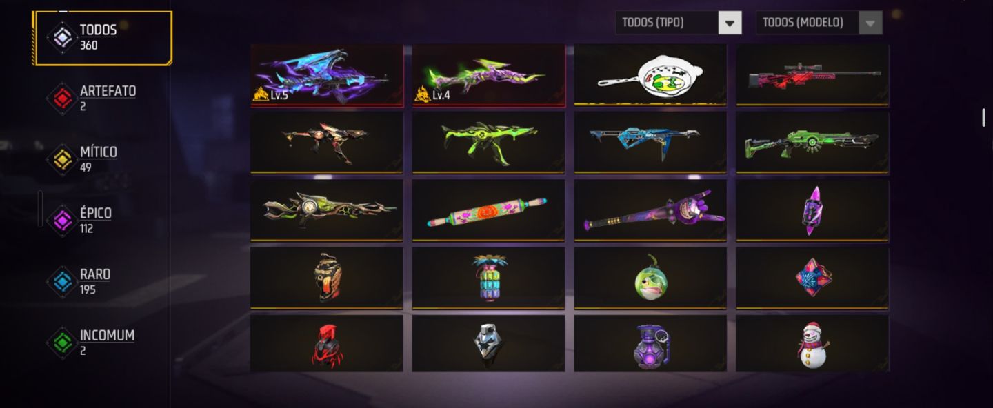 Conta de free fire com itens antigos, várias skins, contem vários passes.