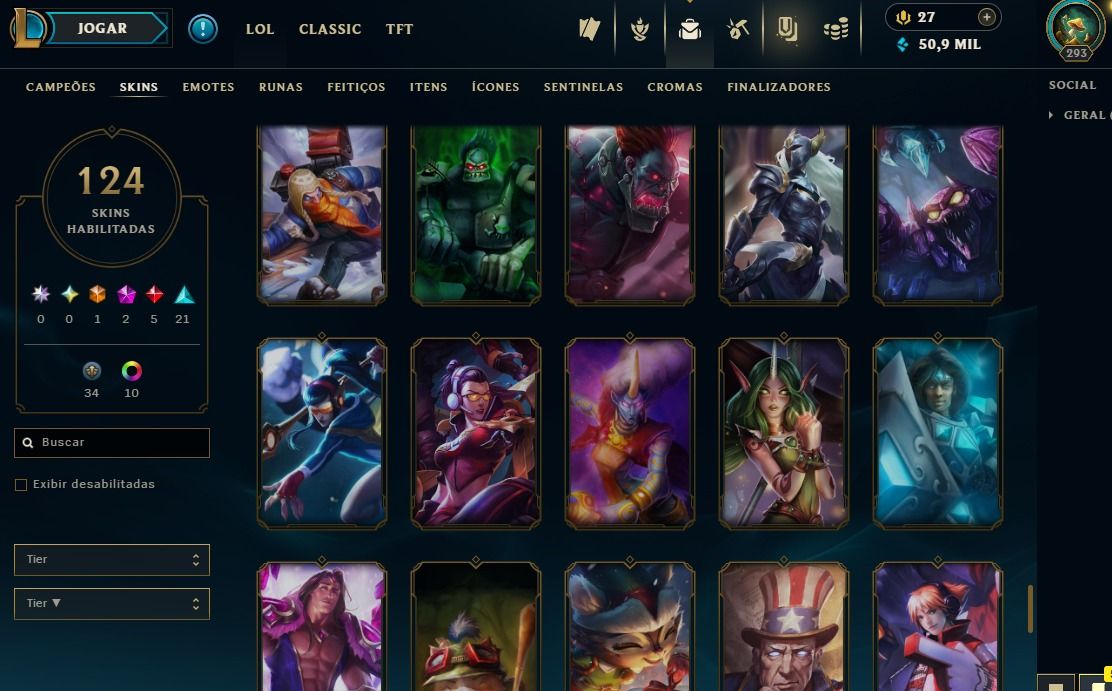 Full Acesso - 124 Skins - Todos Campeões - Level 293 - 50 Mil Essencia Azul