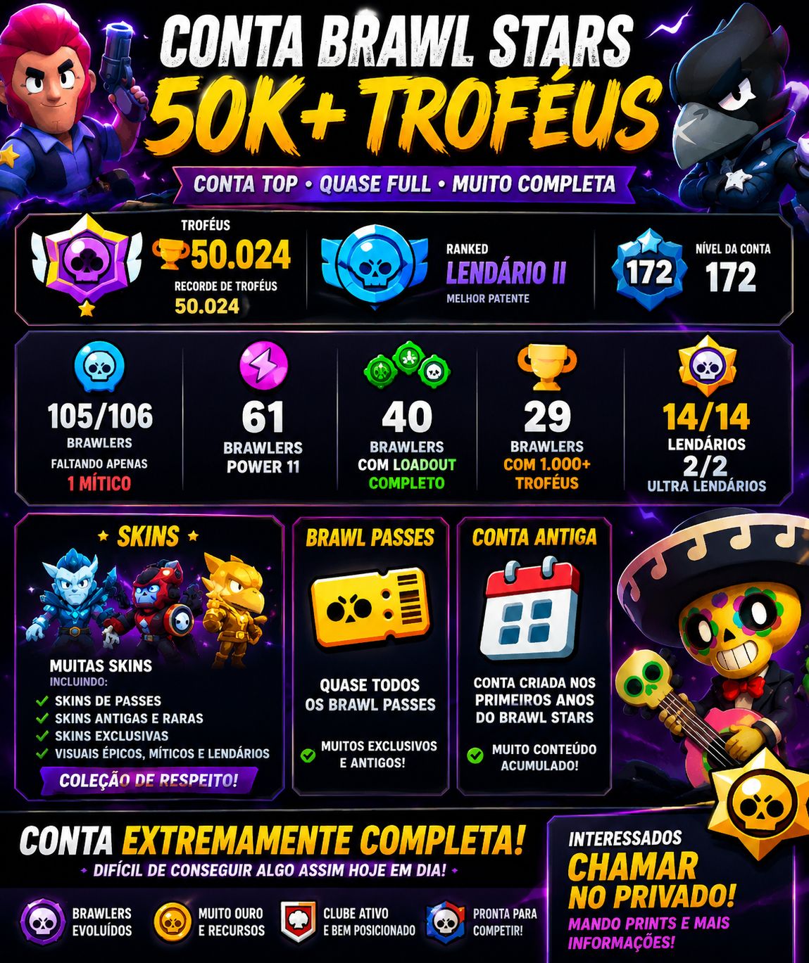 CONTA BRAWL STARS QUASE FULL | 50K+ | 105/106 BRAWLERS | MUITAS SKINS + PASSES