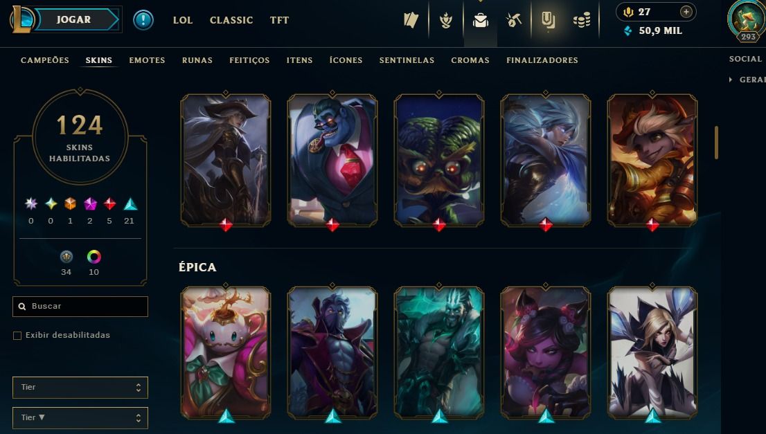 Full Acesso - 124 Skins - Todos Campeões - Level 293 - 50 Mil Essencia Azul