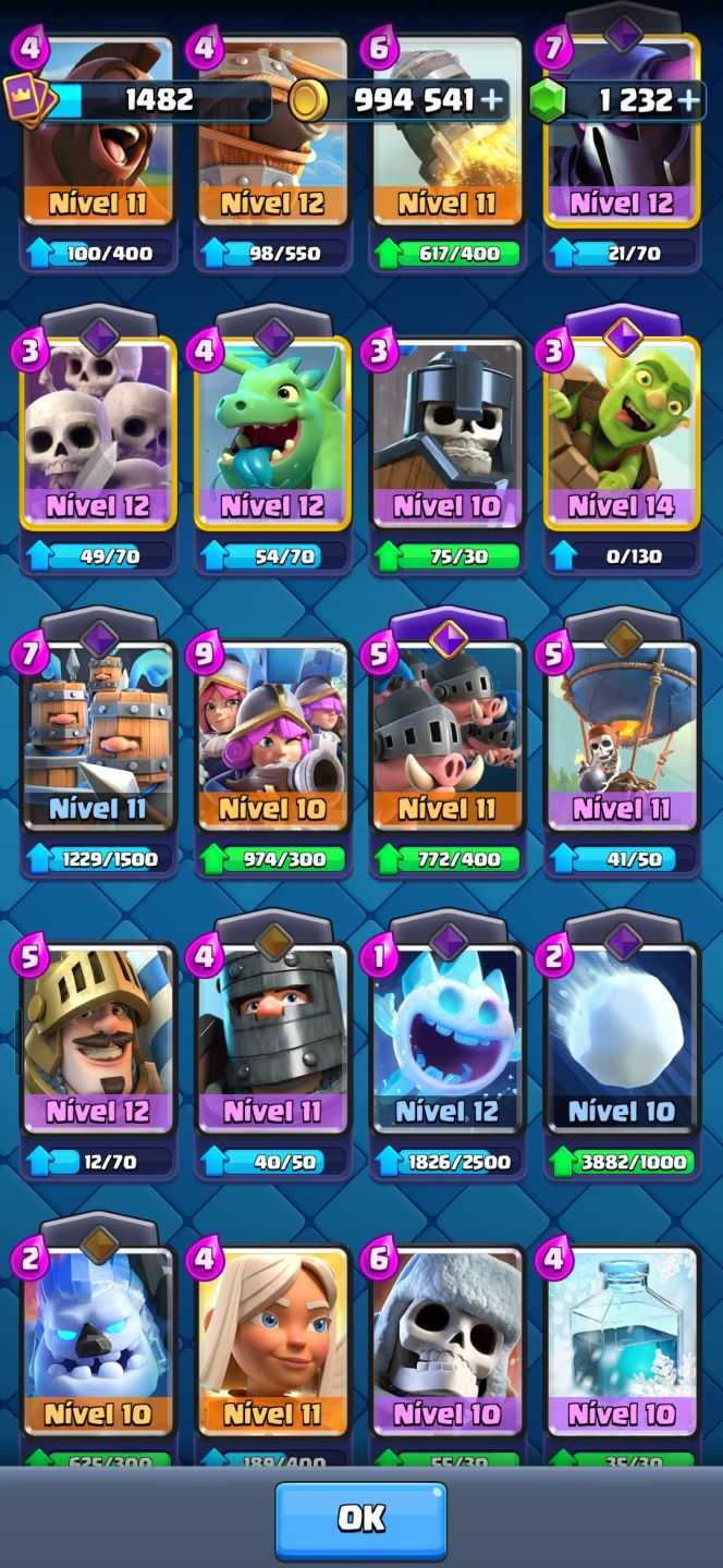 CONTA CLASH ROYALE 11K TROFÉUS! NÍVEL 1482, 122/123 CARTAS, 3 EVOS