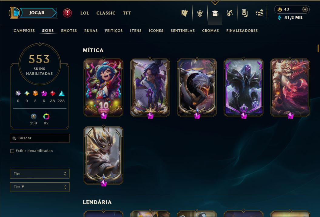 Conta LoL Nível 519 | 553 Skins | 6 Míticas | 5 Ultimate | 47 EM Ou: