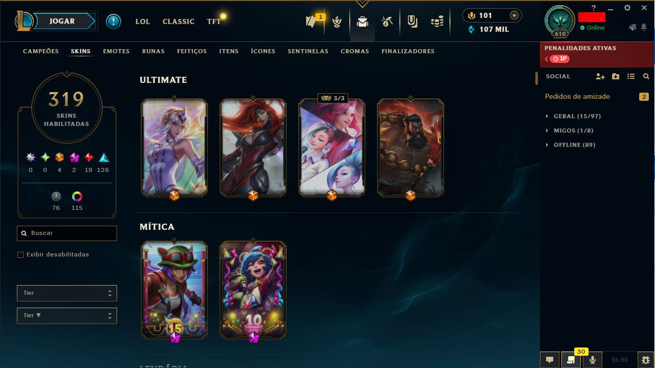 Conta lol Esmeralda - main sup/adc +300 skins e +100 cromas com icones raros.