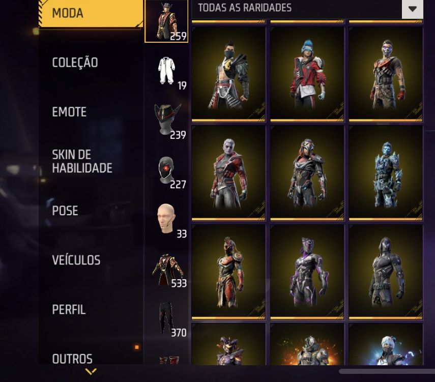 Conta Free Fira com skins de passes antigos