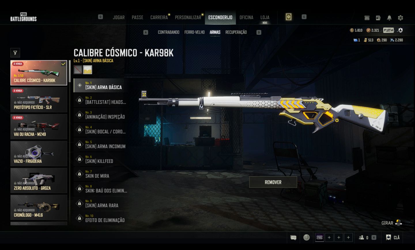 Conta PUBG Kar98k lendária + Chroma + 1810 Gcoins + 513 cupons de contrabando
