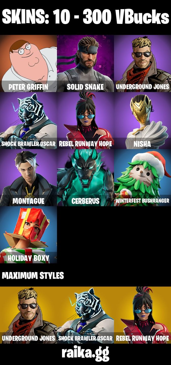 CONTA FORTNITE COM 10 SKINS SOLID SNAKE/PETER GRIFFIN/NISHA/MONTAGUE/CERBERUS