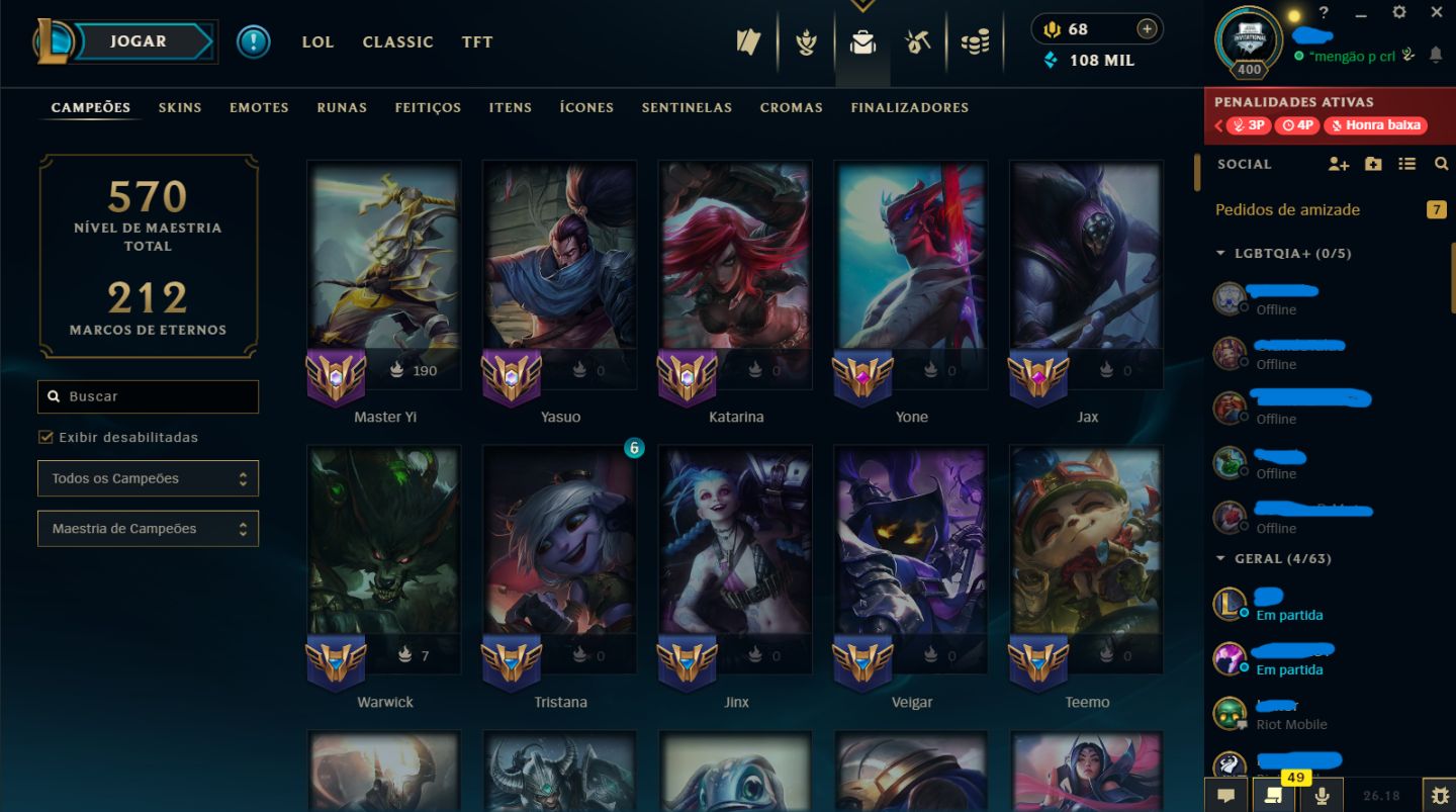 Conta LoL Ouro IV | Full champs | 178 Skins | Nível 400 | Full acesso