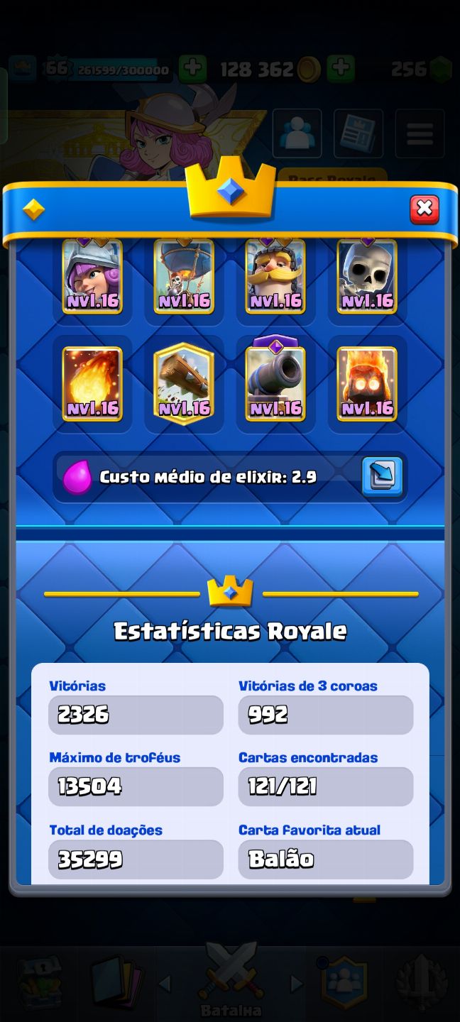 Conta 13,530 TROFÉUS (NIVEL 66) DECK FULL (16) 4500 GEMAS