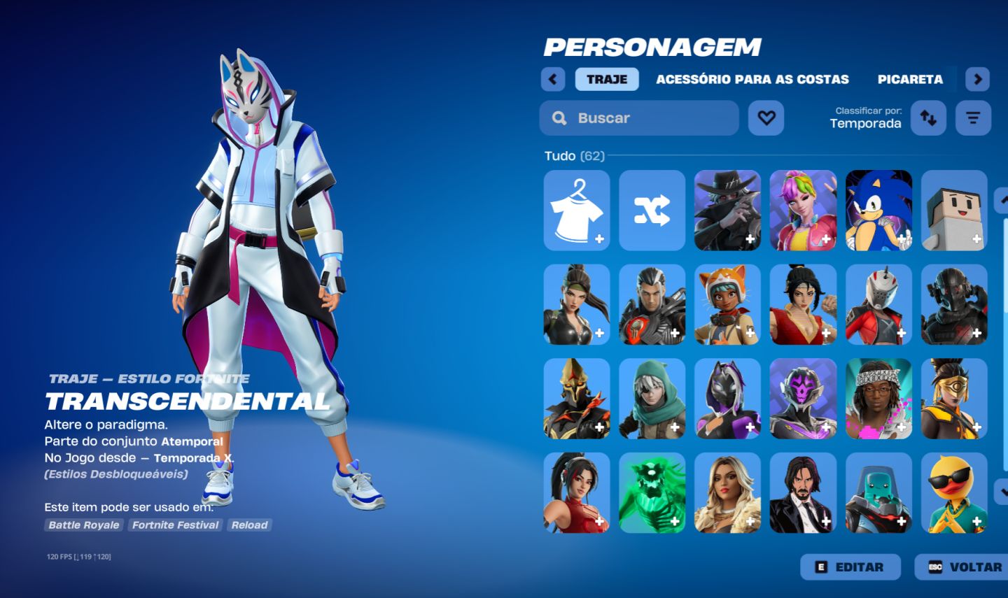 Conta Fortnite com Transcendental e outra skins da Temporada X e mais temporadas