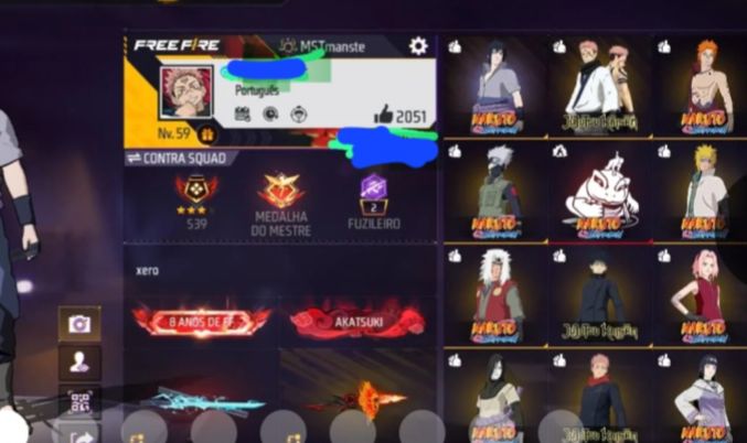 CONTA FF GEMADA 9 ANOS C/ SKINS | 11 CONJUNTOS DA PARCERIA NARUTO