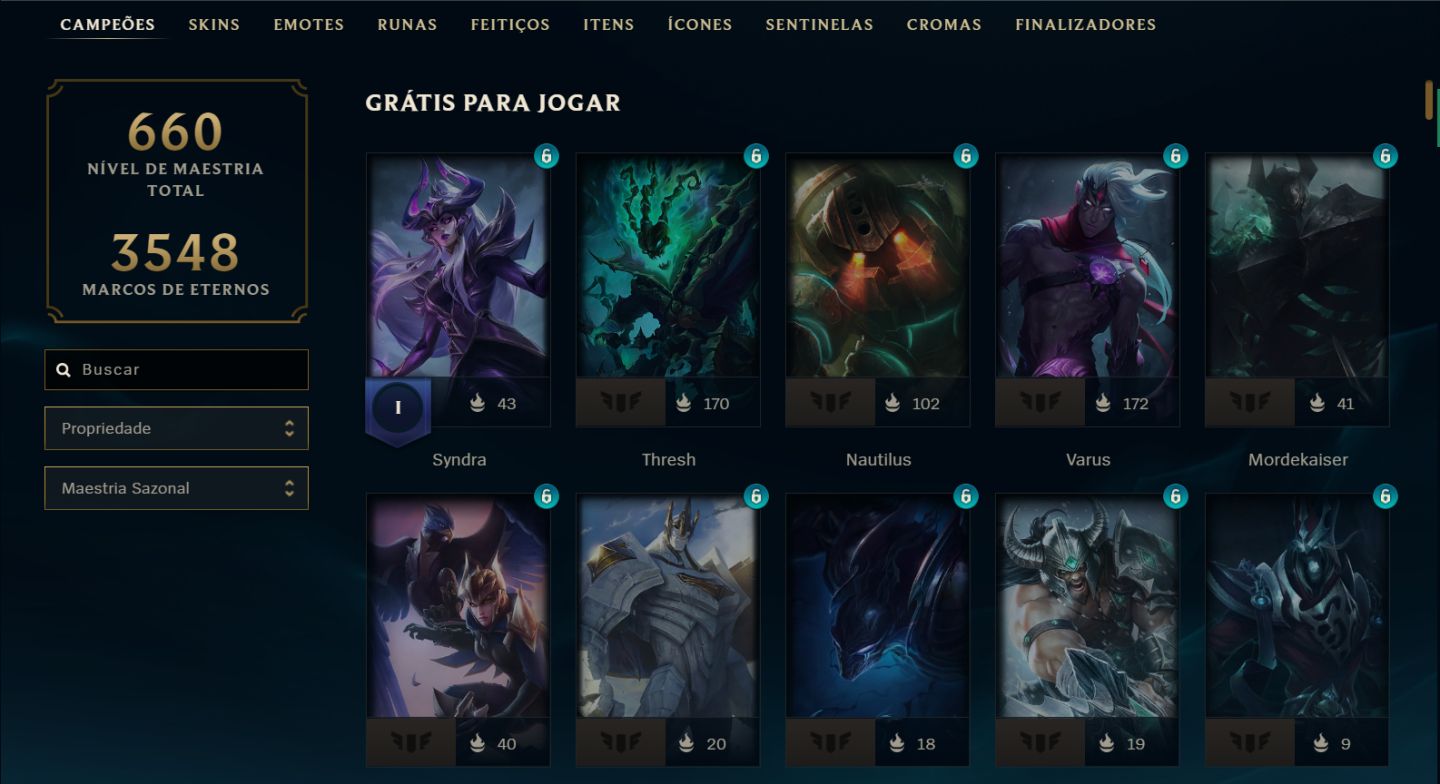 Conta lv 598 com 319 SKINS | 3 ULTIMATE | 7 MITICAS | 282 mil essências azuis