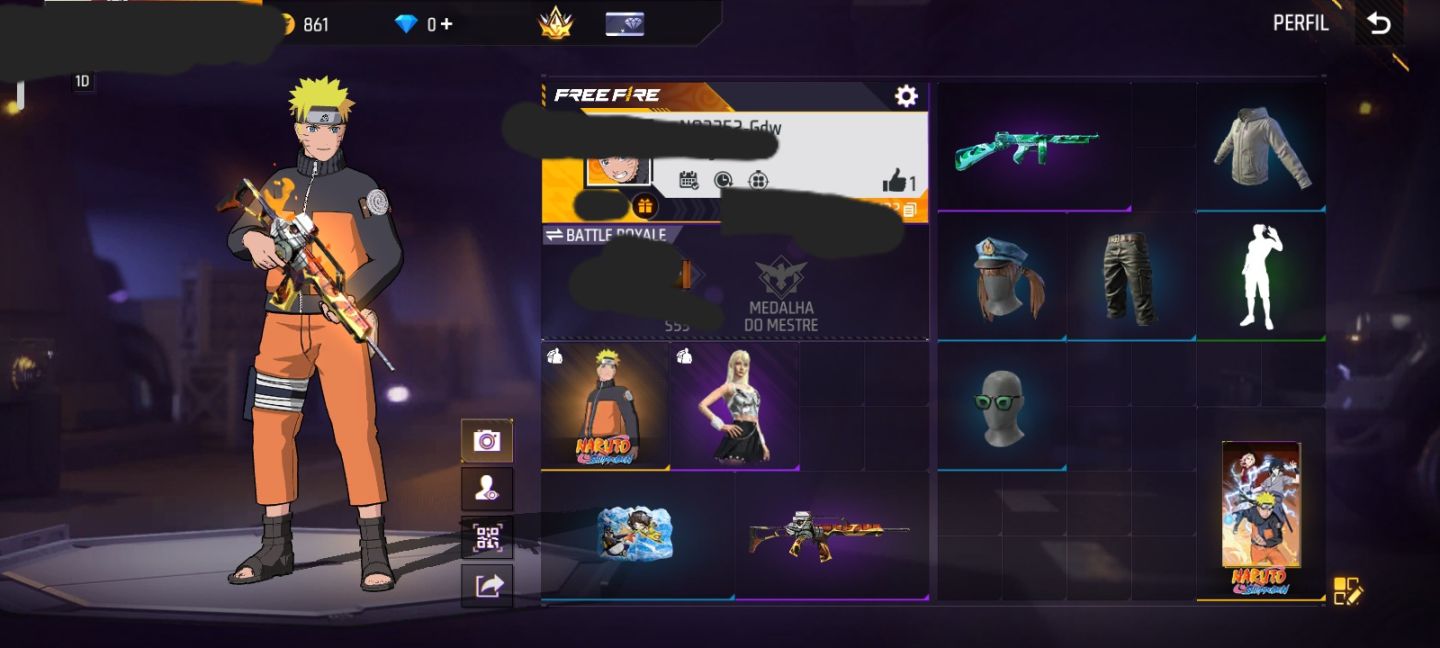 CONTA FF NIVEL 23 + SKIN DO NARUTO + BIO DE BATALHA + GELO + MOCHILA SHURIKEN