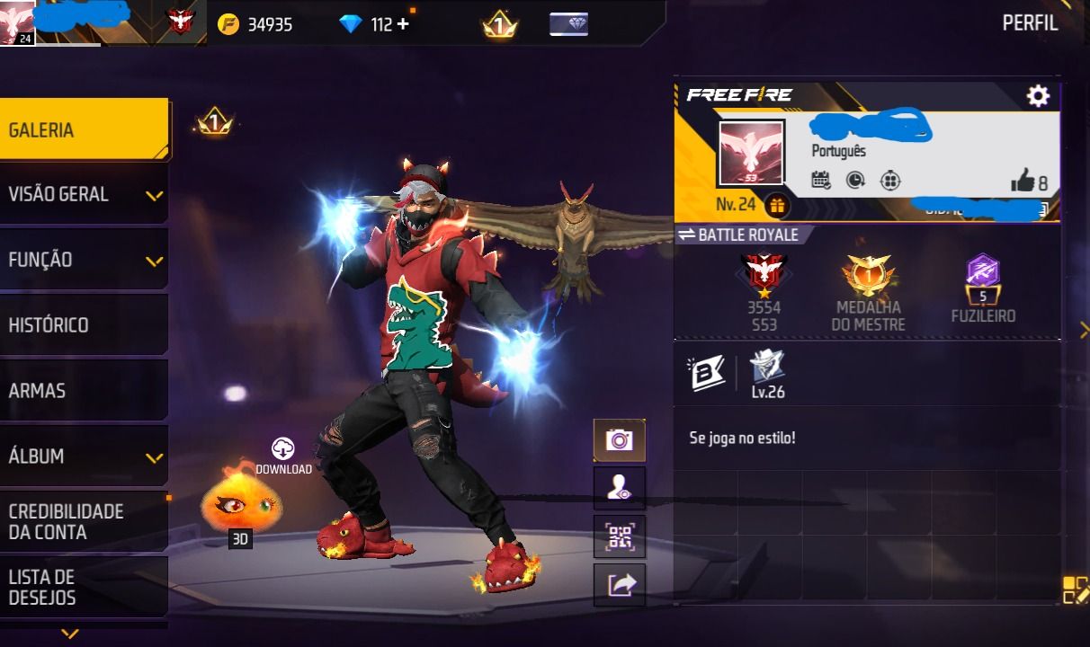 CONTA FREE FIRE MESTRE MODO RANK COM SKIN DINO DE FOGO E PUNHO CHIDORI