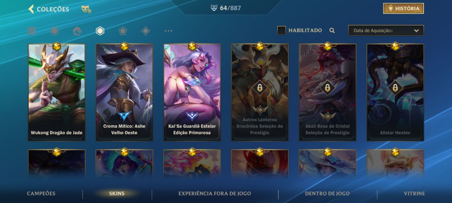Lol wild rift,mais de 80 skins eu acho,skins de prestígio raras,e-mail sem nada