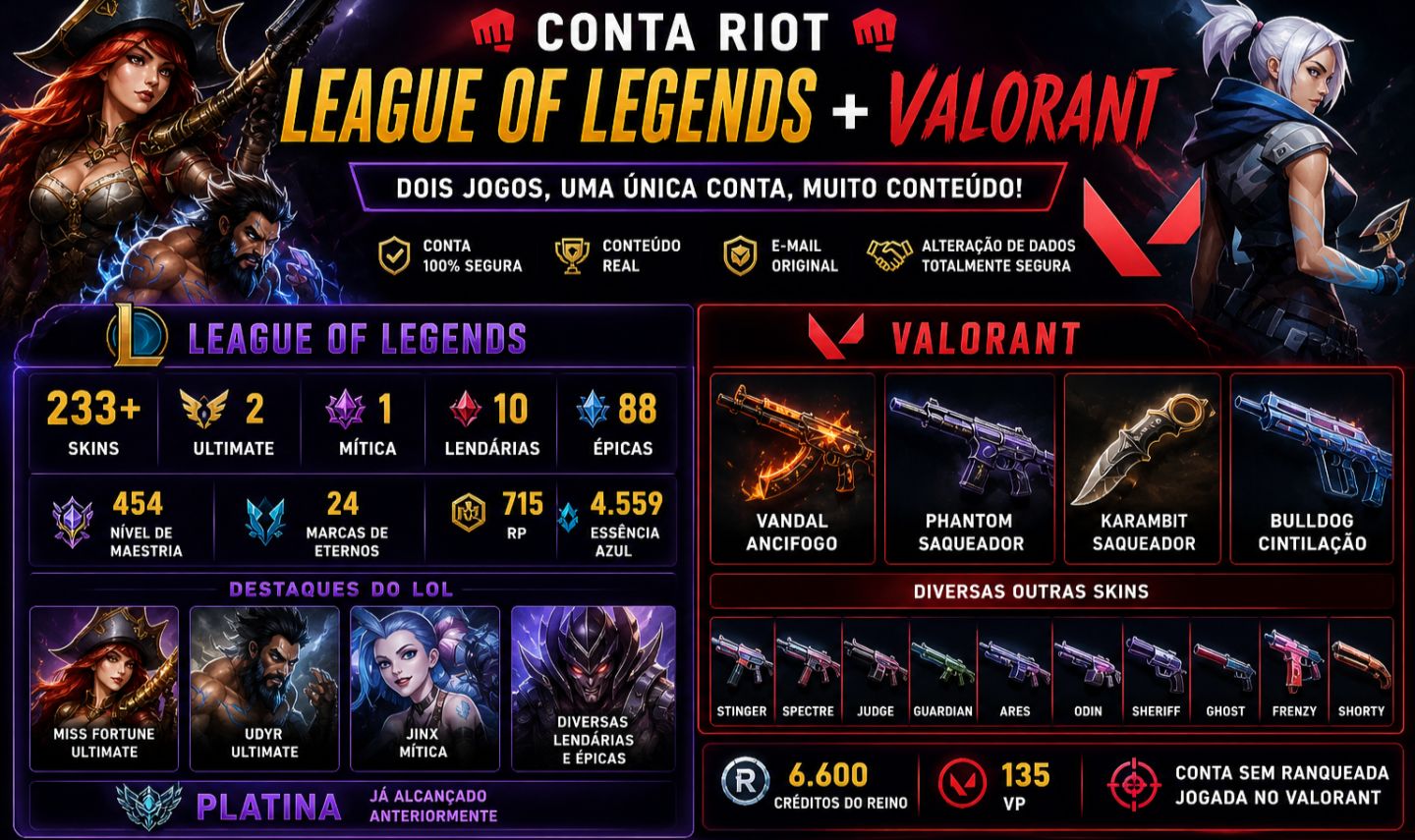 CONTA RIOT | LOL 233+ SKINS + VALORANT | KARambit SAQUEADOR