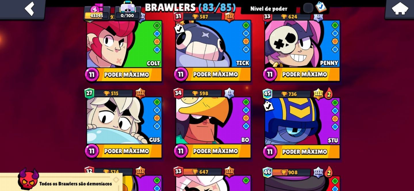 CONTA BRAWL STARS 83/85 BRAWLERS, 43K TROFÉUS, ANTIGA (2018), MUITA SKIN.