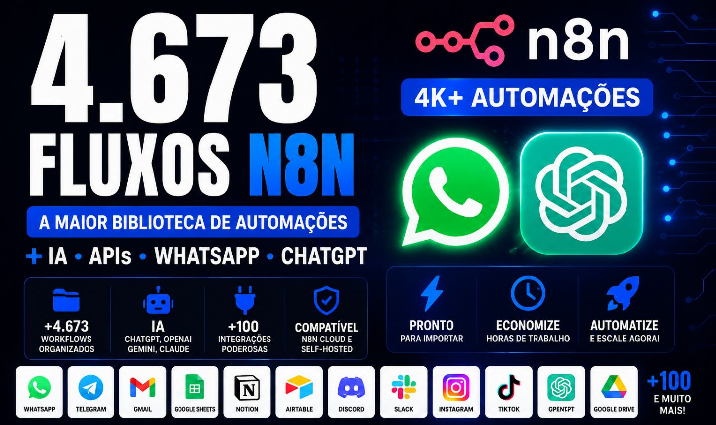 4.673 Fluxos N8N + IA | WhatsApp, ChatGPT, Agentes e Automações Prontas