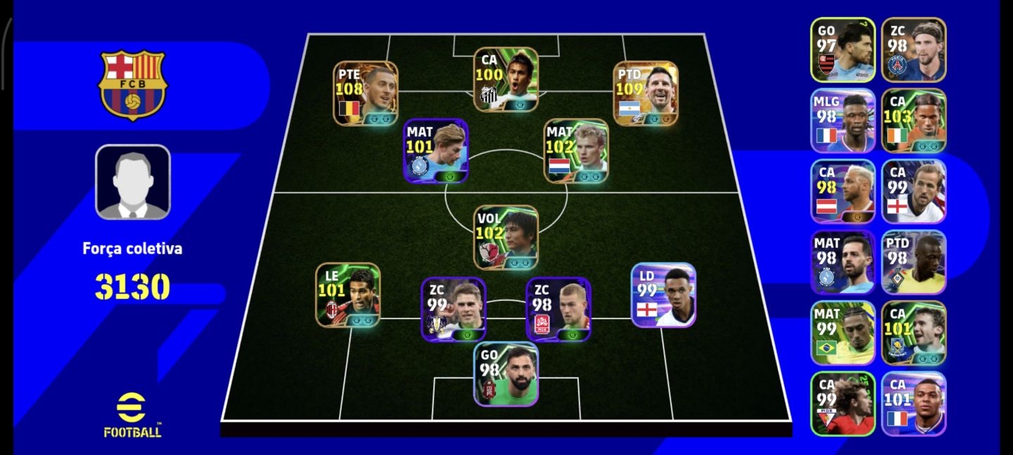 Continha de efootball com Hazard e Messi metas.