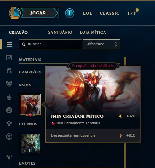 SKIN SHACO PANDEMÔNICO BORDA + [ PLATINA COM 70 PDLS ] + [ TROCA NICK ]