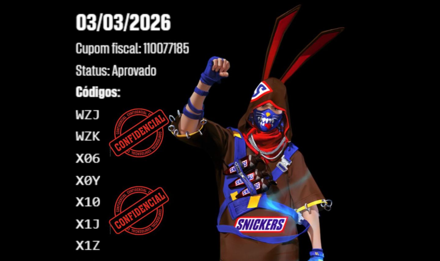Codiguin snickers FREE FIRE / ENTREGA IMEDIATA!