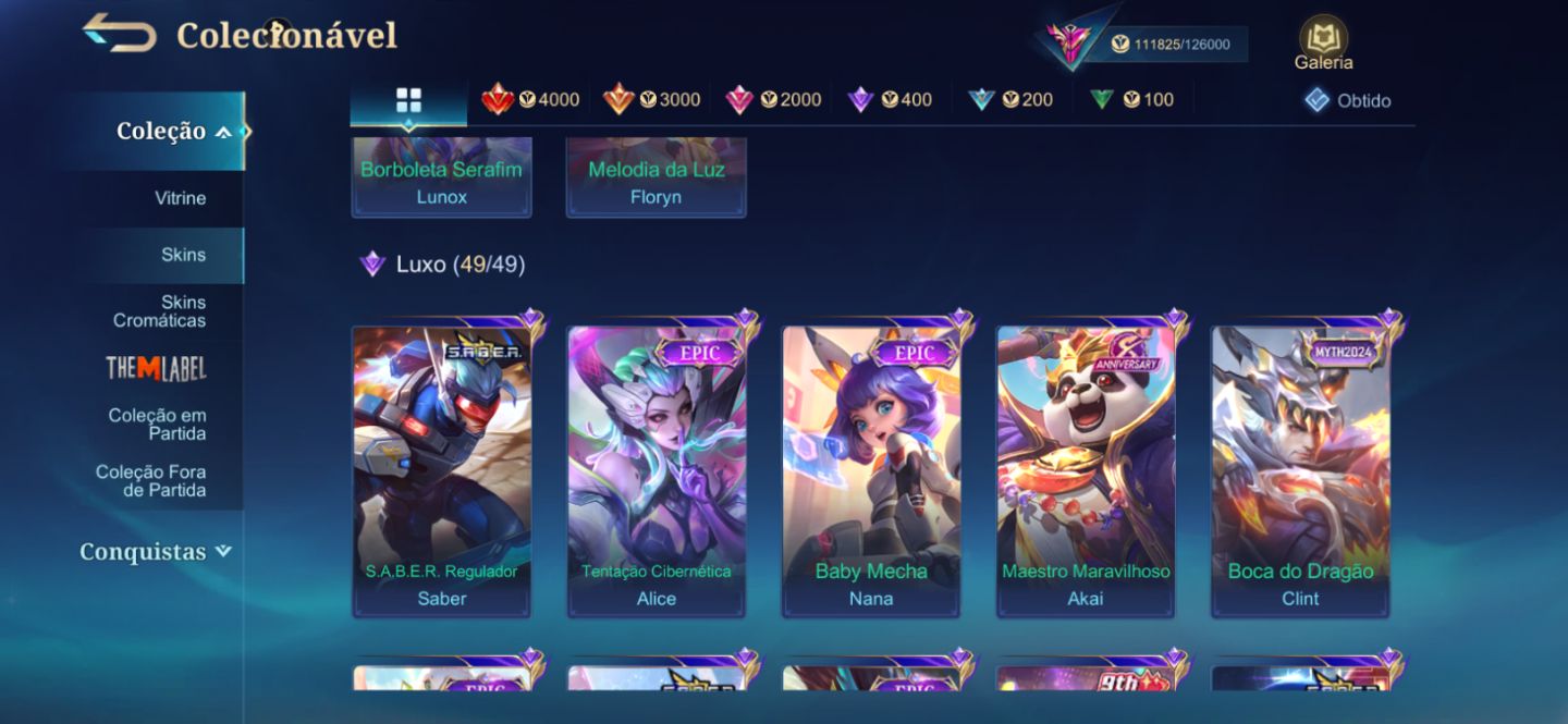 CONTA MLBB 342 SKINS IMORTAL | LEGEND, COLLECTOR, KOF, DUCATI, SANRIO