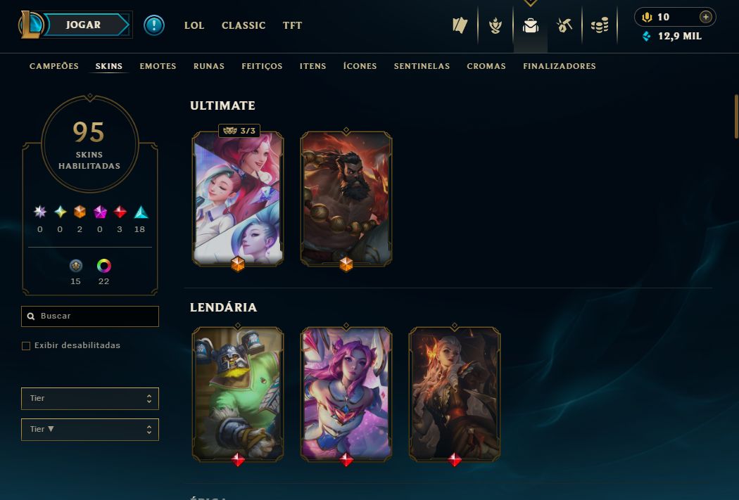 Conta lol antiga de 2014, nível 213, diamante 3, 95 skins