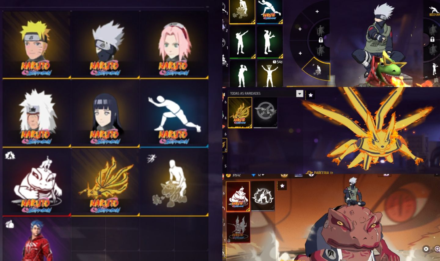 Conta free fire C Naruto, Kakashi, Jiraya, Sakura, Hinata e Asa Delta Nove Cauda