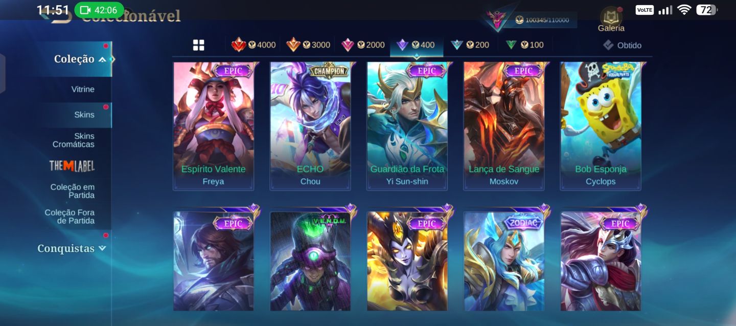 Conta Mlbb 279 skins, 5 skins kof 1 legend