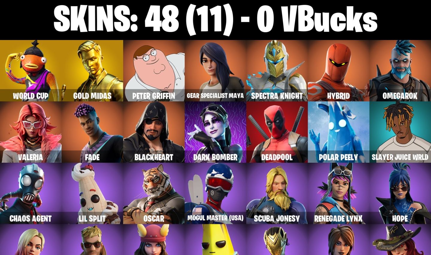 Conta Fortnite com WORLD CUP | Gold Midas | Peter Griffin | Gear e 48 Skins