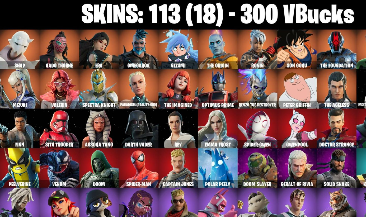 113 Skins - Emma Frost, Darth Vader, War Machine, Prowler, Doom, 300 vbucks
