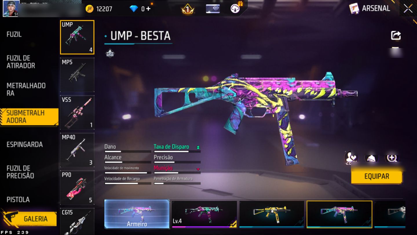 Conta Free Fire nível 51, várias skins de armas, paredes de gel e diversos itens