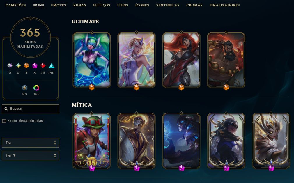 Conta do LOL com 365 skins e 4 delas ultimate, sona, lux, miss e udyr