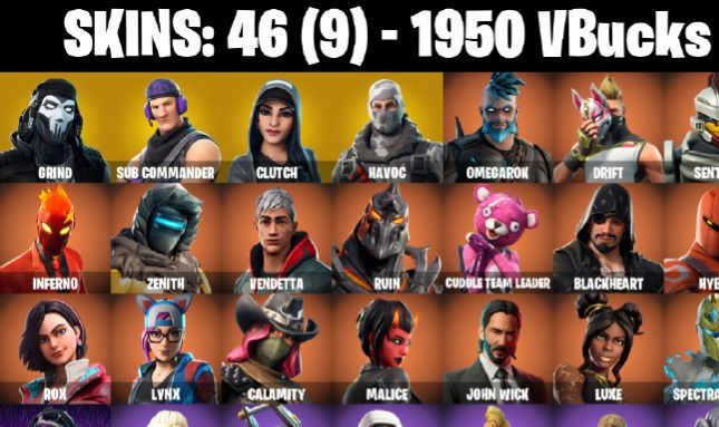 46 Skins - Grind, Sub Commander, Clutch, Havoc, Drift, 1950 vbucks