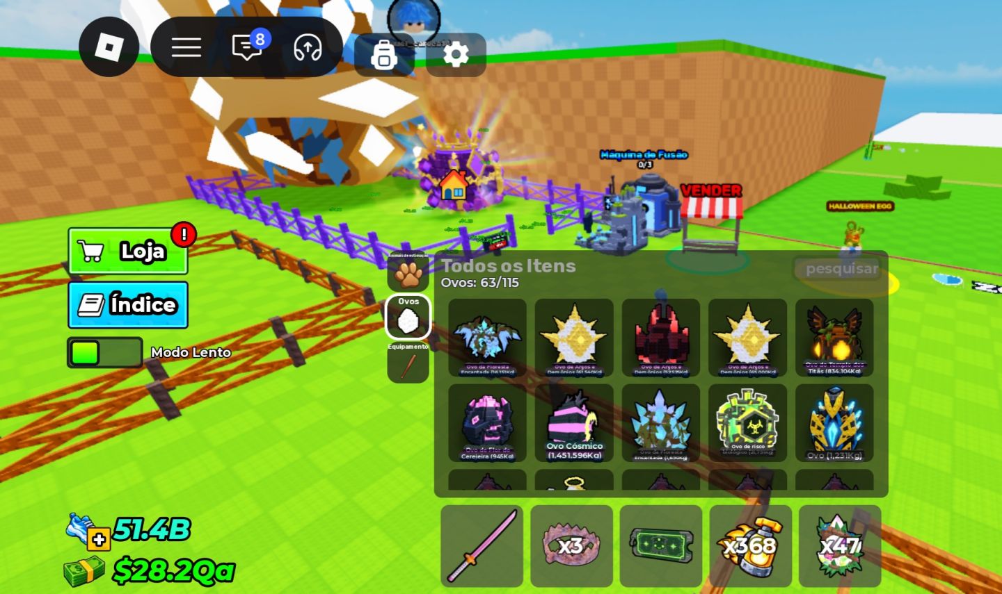 ÍNDICE 96% | PETS E OVOS 1B+ | CERCADO E ESTEIRA MAX | 4 SKINS ROBLOX