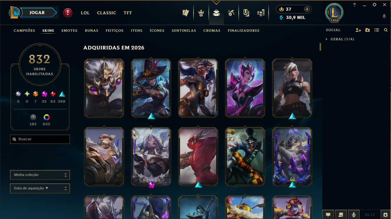 Conta FullAcesso de LOL lvl 1.456 + 832skins + 7/7 ultimate + elo Esmeralda III