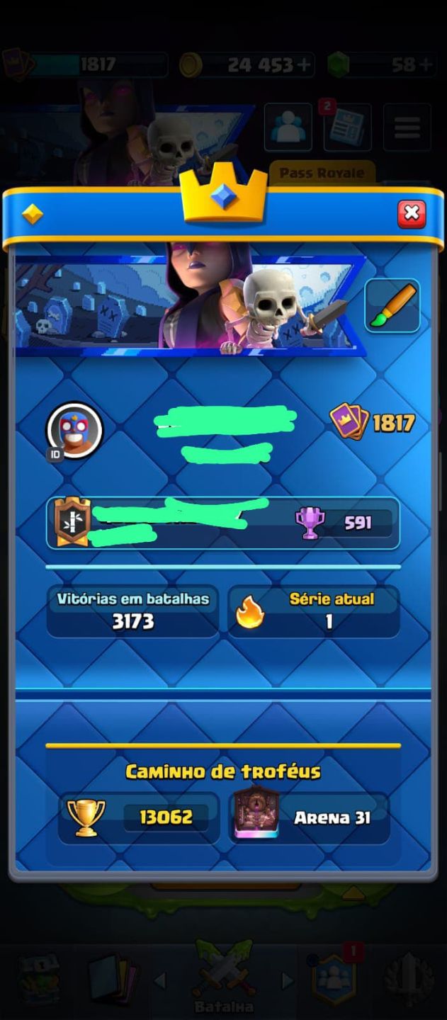 Conta montada e de qualidade arena 31, cartas raras e cartas nível Max.