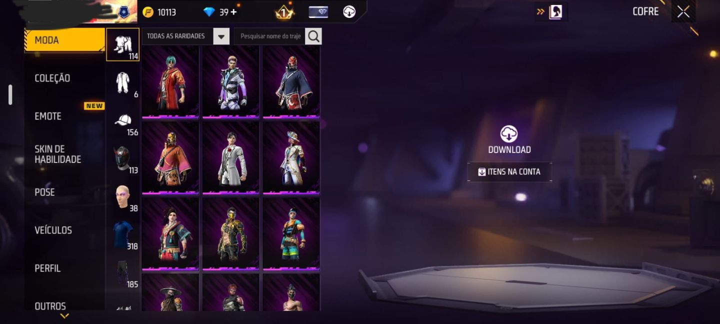 CONTA DE FREE FIRE RARA, COM VÁRIAS SKINS, GOLA ALTA, CALÇA ANGEL VERMELHA E ETC