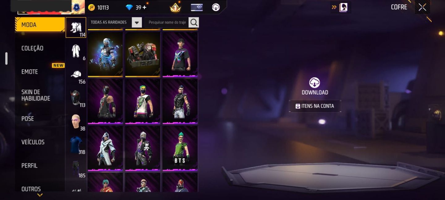 CONTA DE FREE FIRE RARA, COM VÁRIAS SKINS, GOLA ALTA, CALÇA ANGEL VERMELHA E ETC