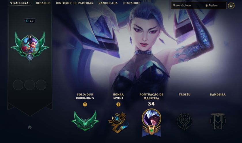 CONTA ESMERALDA 4 / +30 - 10 PDL / 9 SKINS / KAISA KDA / PROJETO SENNA / 14K EA