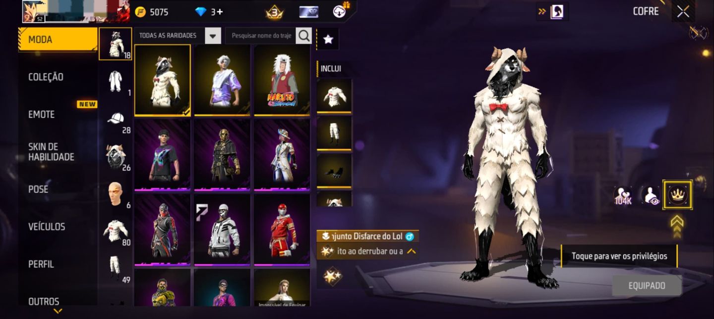 CONTA FREE FIRE NÍVEL 52, MUITO COMPLETA!