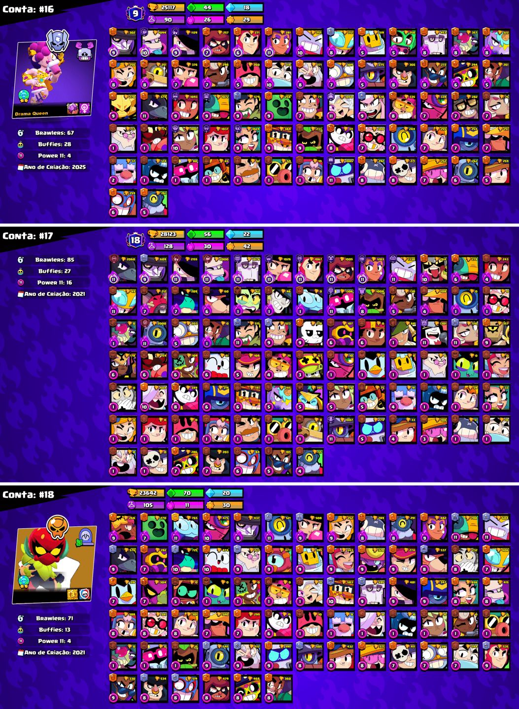 CONTAS BRAWL STARS c/LENDÁRIOS e MUITOS TROFÉUS!!