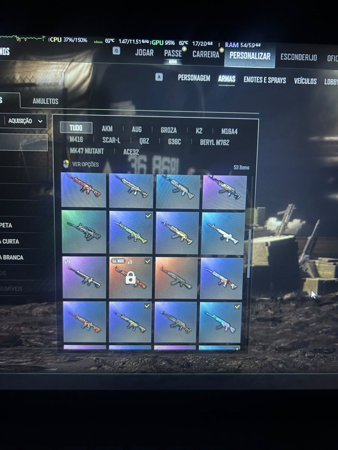 PUBG COLECIONADOR FULL SKINS RARAS DE CAMPEONATOS AK 47 PROGRESSIVA LVMAX KAR-98
