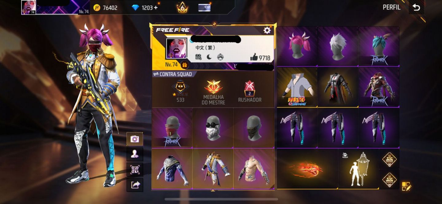 Conta free fire super gemada level 74 9700+ likes, ragnarok, punho, angelical