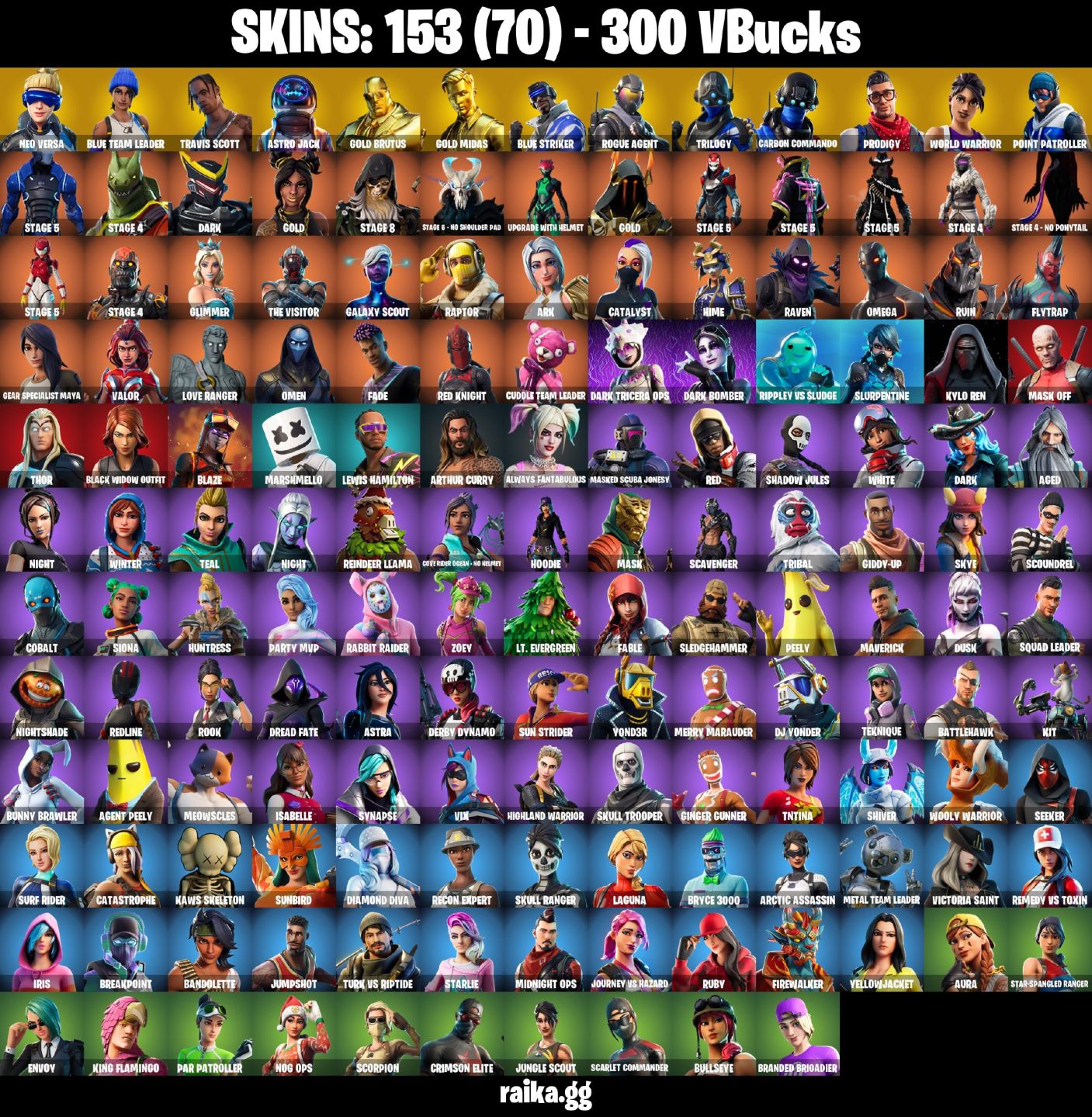 153 skins + Neo Versa + Travis Scott + Astro Jack + World Warrior Rogue Agent