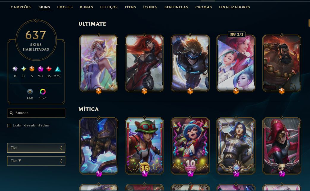 CONTA LOL PLATINA II + 637 skins(5 ultimates, 20 Miticas, 65 Lendarias,279 epic)