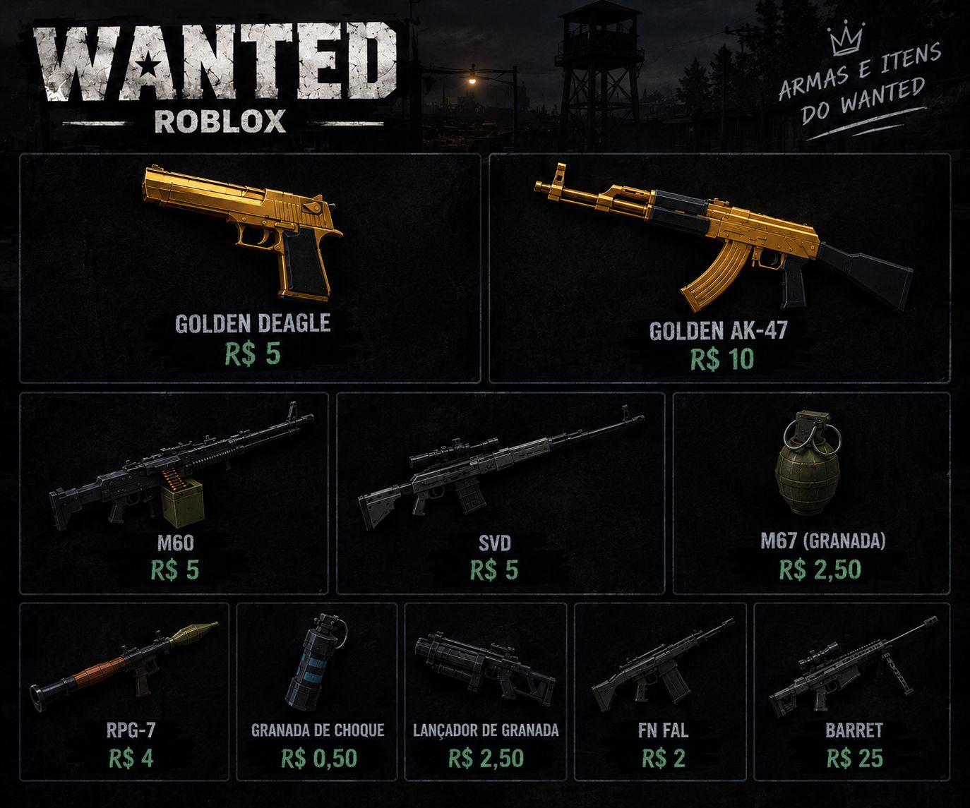Armamentos do jogo wanted roblox