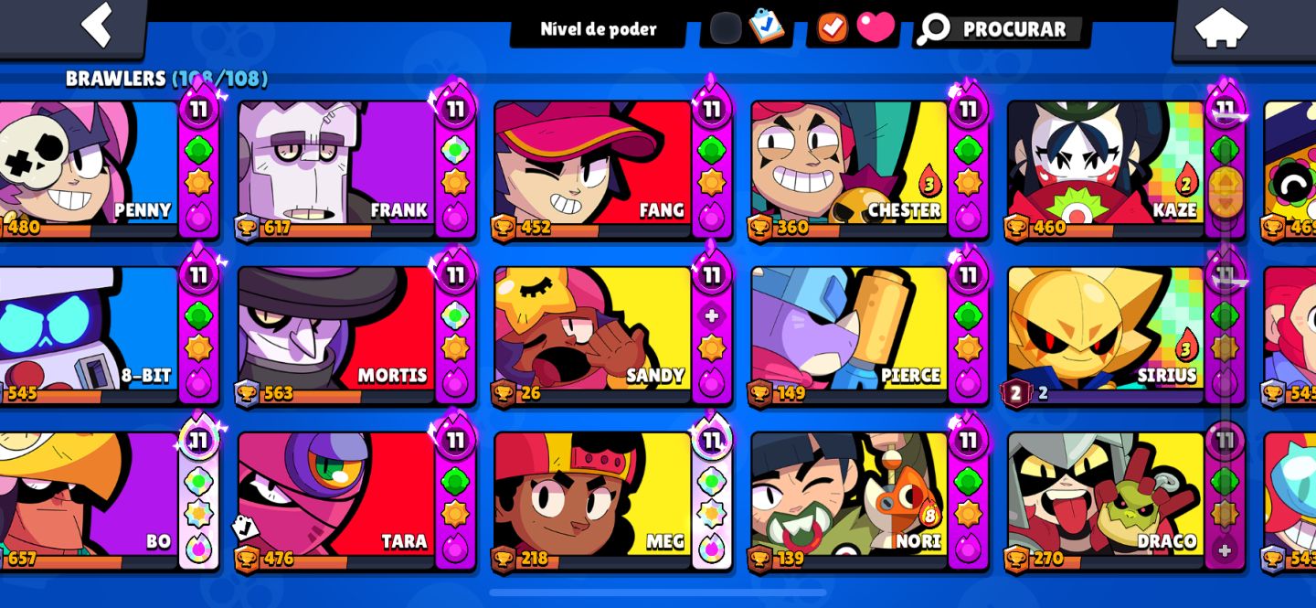 CONTA BRAWL STARS 100% FULL BRAWLERS (108/108) | 34K TROFÉUS | 2 PASSES A