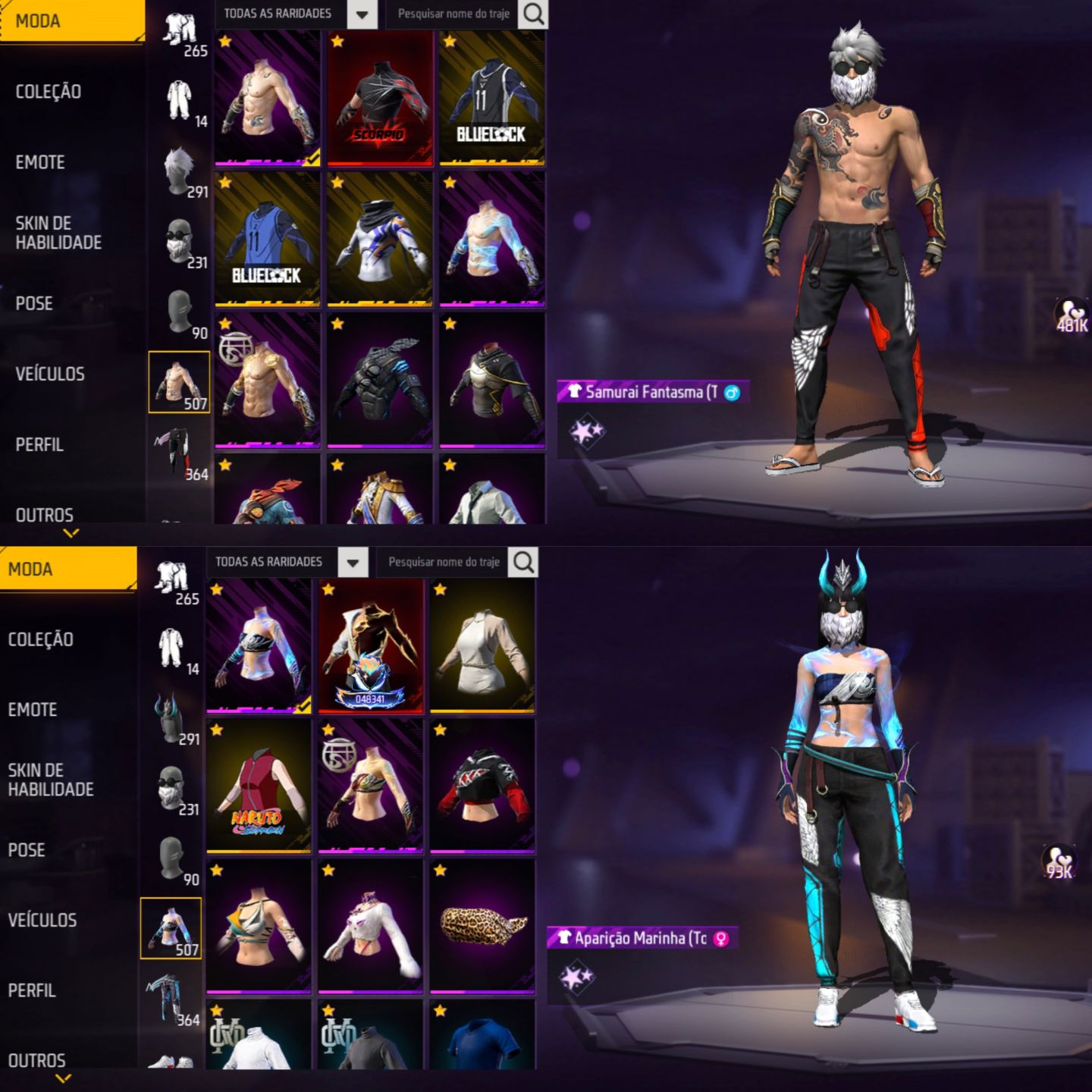 CONTA FREE FIRE PRIME 8, FEMININA E MASCULINA